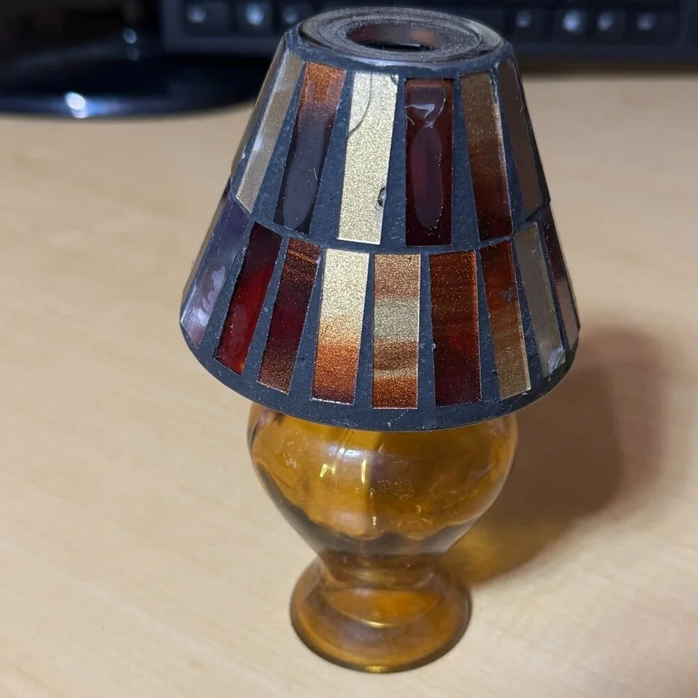 Vintage Amber Glass Mini Tea Light Lamp with Mosaic Brown Tone Lampshade